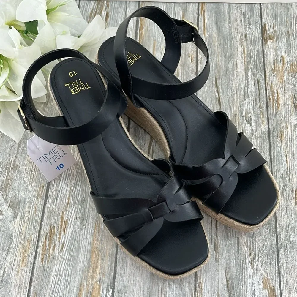 Women's Black Espadrille Wedge Sandals Shoes Size 10